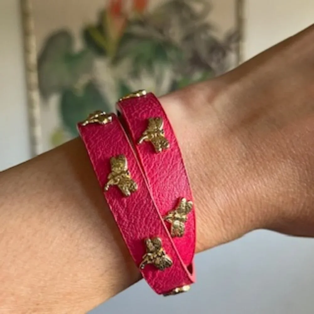 🧡3/15 Red Faux Leather Double Wrap Adjustable Bracelet with Gold Dragonflies